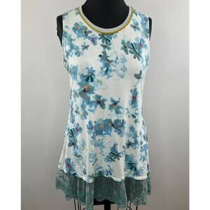 LOGO Lori Goldstein LOUNGE Blue Floral Sleeveless Lace Hem Round Neck Tank Top S